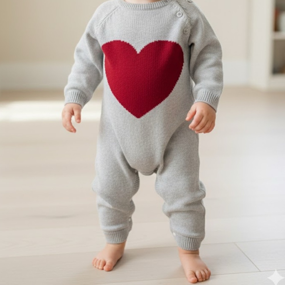Cozy Gray Footie with Red Heart